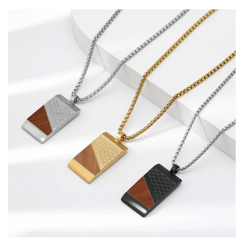 Men's Stainless Steel Geometric Pendant Necklace with Buddhist Inspired Design Wood Inlay Personalized Trendy Chain Jewelry