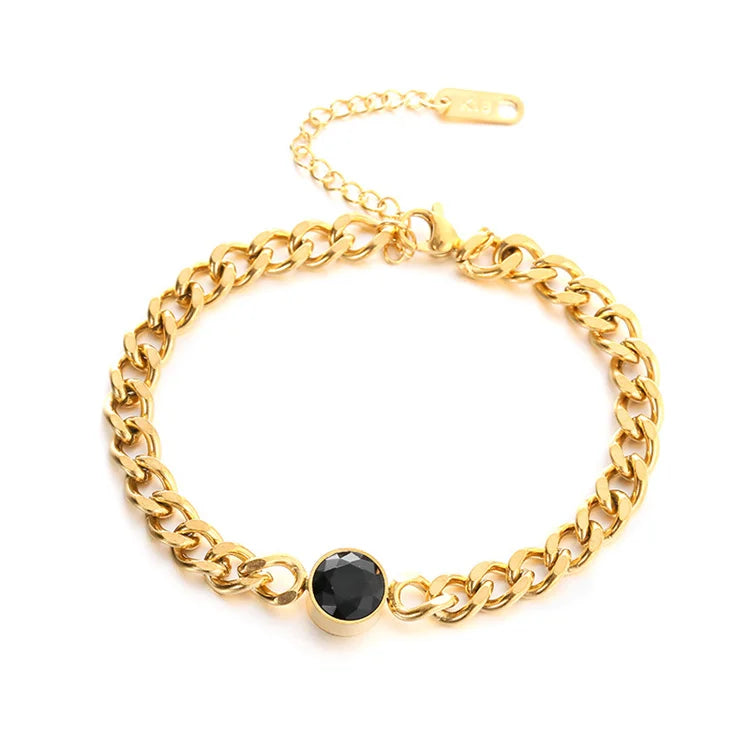 Wholesale Titanium Steel Personalized Exaggerated Hip-Hop Bracelet Thick Chain Black Round Crystal Bracelet
