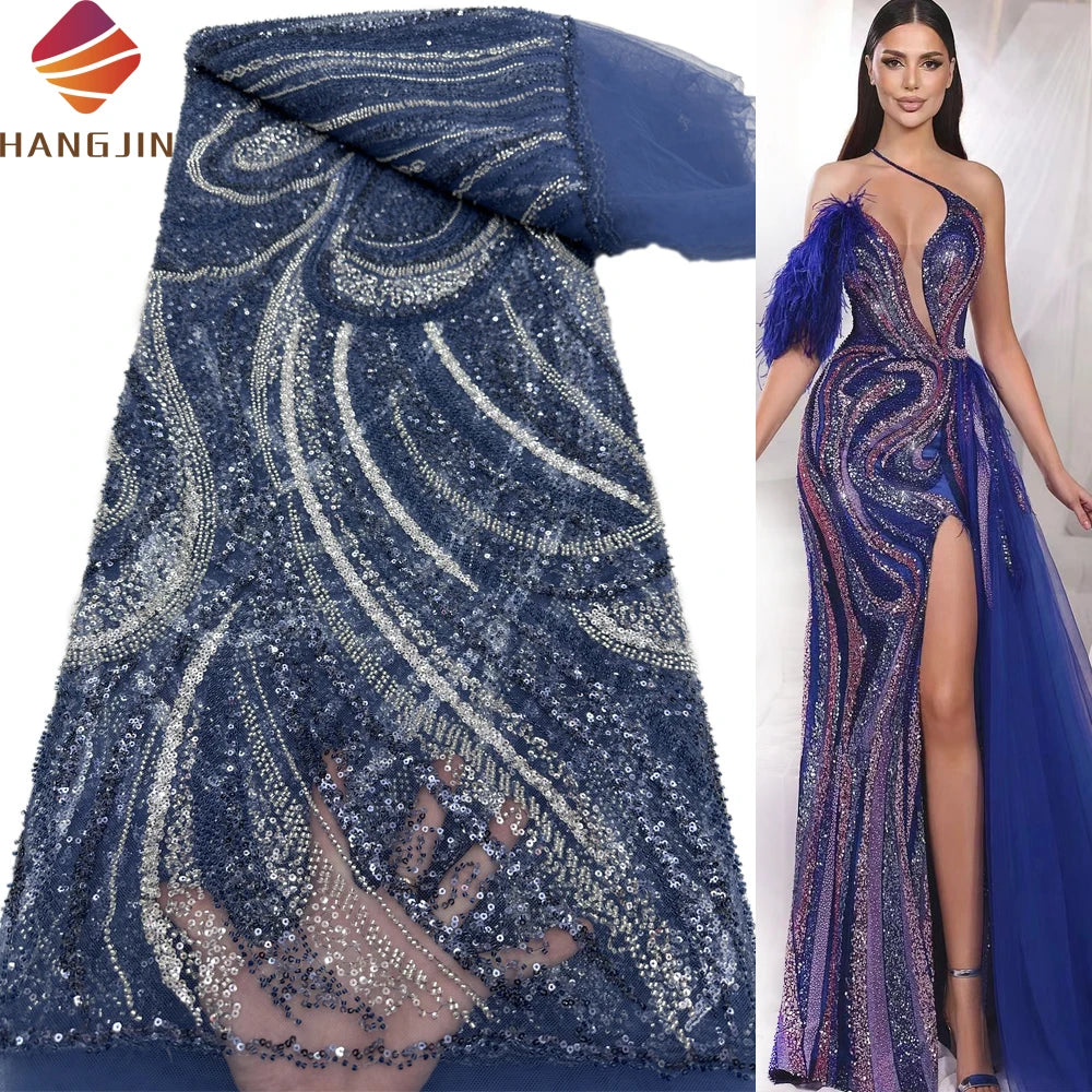 Sequins Tulle Embroidered French Lace Hand Heavy Beaded Lace Fabric Luxury Crystal Rhinestone for Wedding Bridal Dress