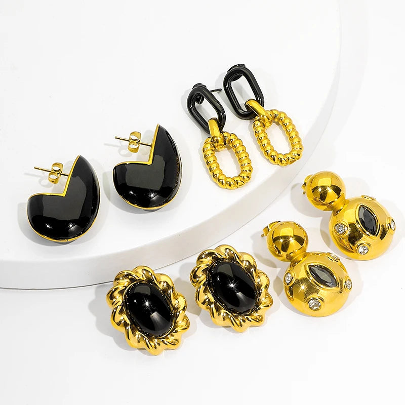 New Arrival 18K Gold Plated Stainless Steel Drop Earrings Black Agate Texture Stone with Heart-shaped Zircon for Anniversary