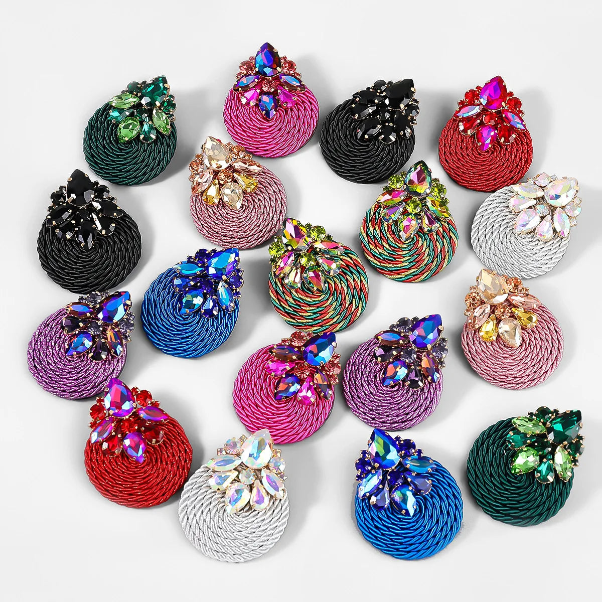 New Geometric Alloy Glass Diamond Earrings Polyester Elastic Cord Braided Round Earrings for Women