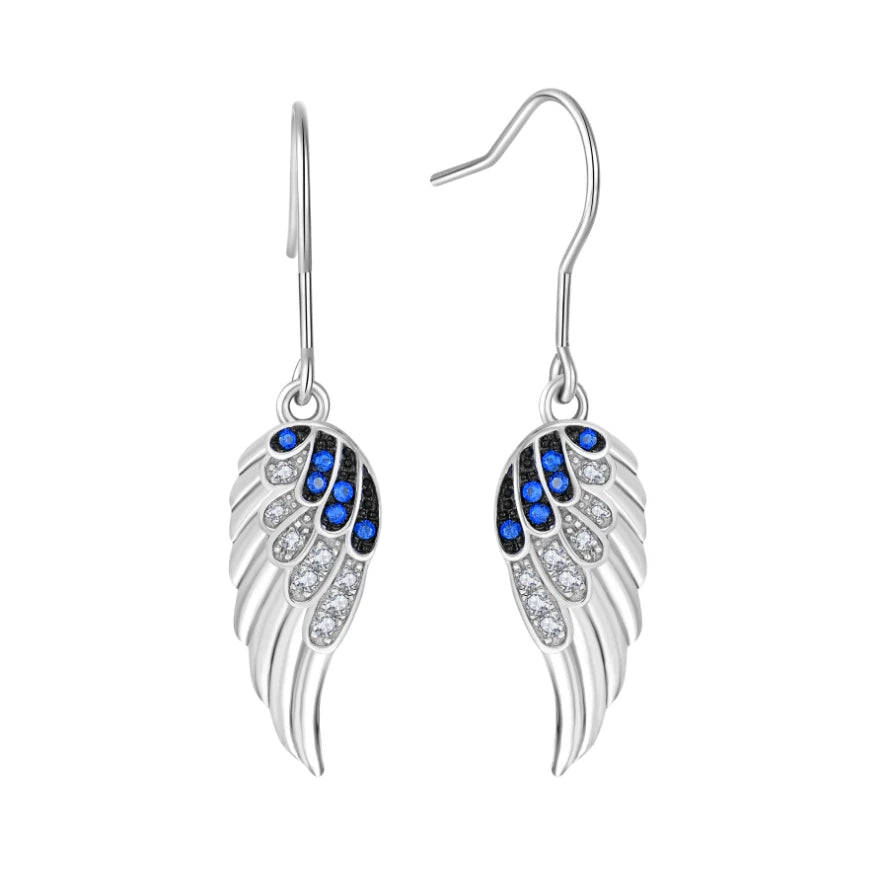 Blue & Clear CZ Stones Guardian Angel Women's Spiritual Dangle Earring Jewelry 925 Sterling Silver Angel Wing Drop Earrings