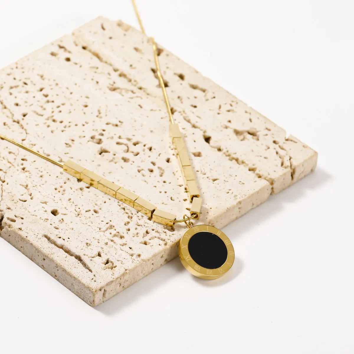 Classic Black and White Double Sided Round Roman Numeral Necklace 18K Gold Plated Stainless Steel Small Cuboid Pendant Necklace