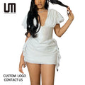 Women's Elegant V-Neck Pleated Mini Dress - Short Sleeve Summer Casual Dress (2025 New Spring Summer Fashion)