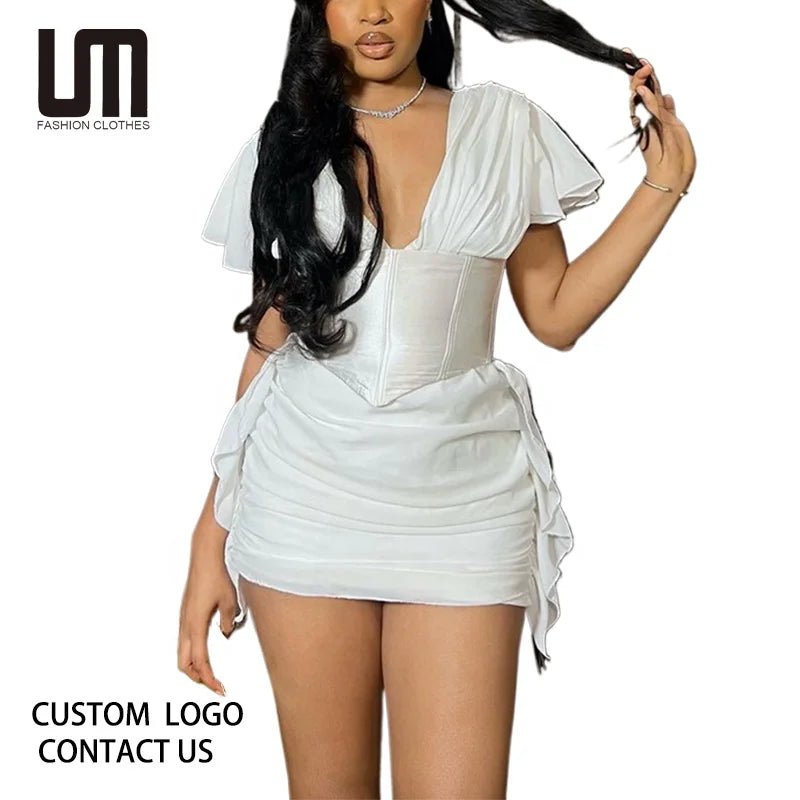 Women's Elegant V-Neck Pleated Mini Dress - Short Sleeve Summer Casual Dress (2025 New Spring Summer Fashion)