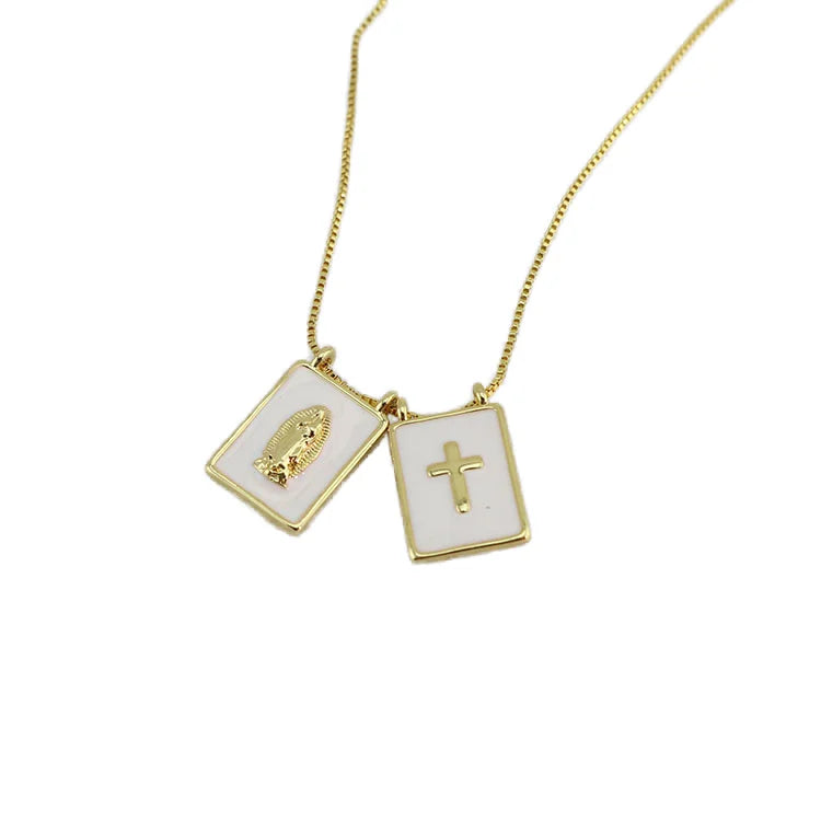 NM1287 Chic Gold Plated Double White Enamel Virgin Mary and Sacred Heart Cross Rectangle Medal Pendant Chain Scapular Necklace