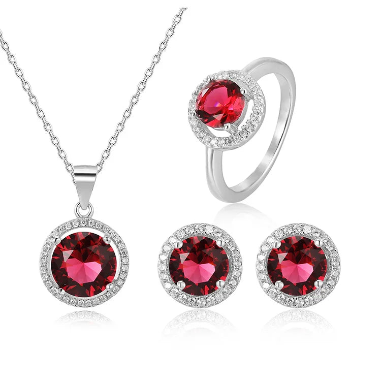 Luxury 925 Sterling Silver Jewellery Sets Aaa Crystal Rhodium Plating Round Ruby African Necklace Jewelry Sets