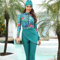 3Pcs Full Over Flowers Leaves Printed Zipper Muslim Swimsuit Islamic Women Modest Burkini Swimwear With Cap