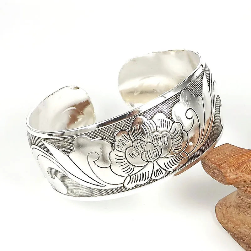Hand-Carved Metal Tibetan Bracelet for Women with a Cherry Flower Vintage Hand Engraved Wide Cuff Bracelet Lotus Flower