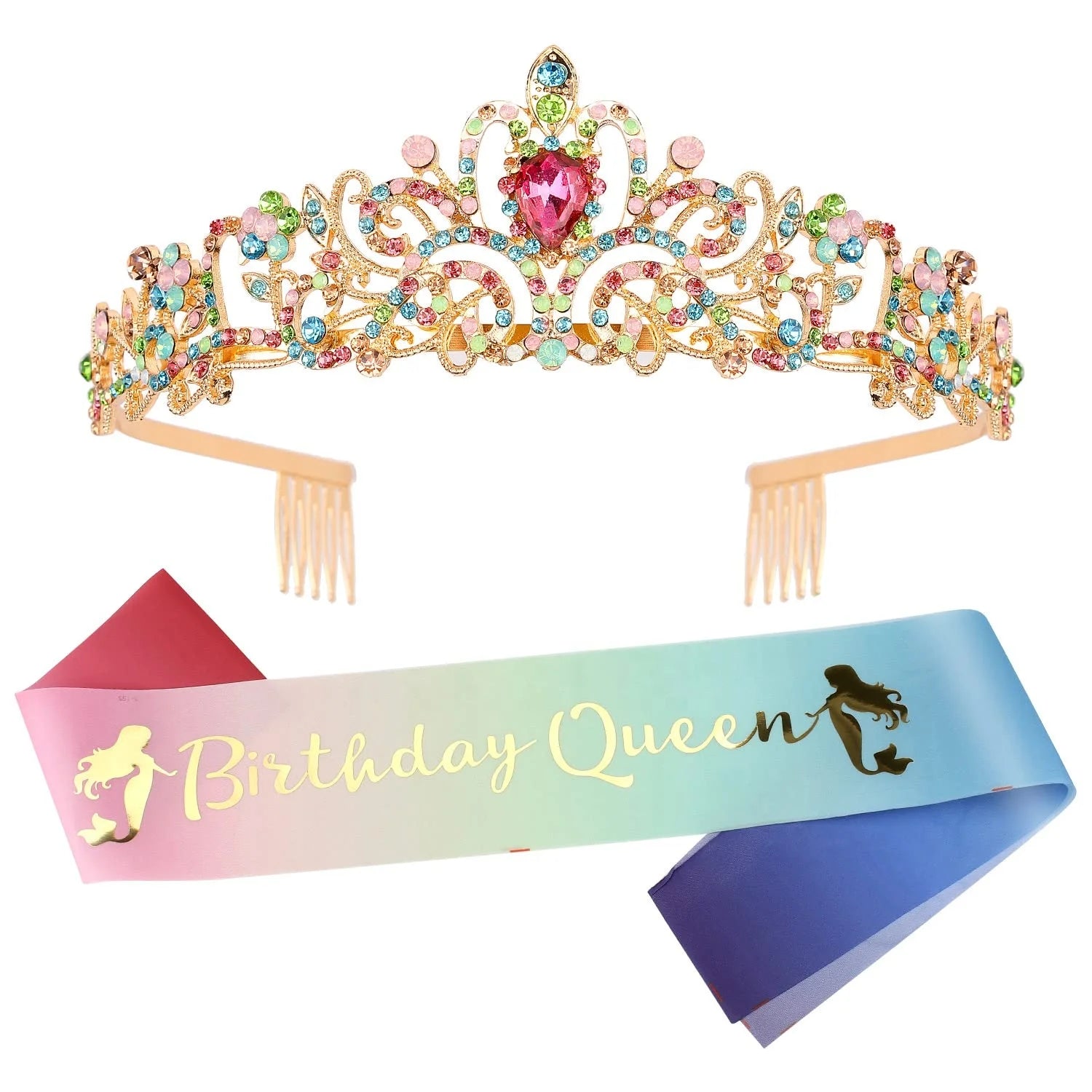 Mermaid Birthday Party Favor Birthday Queen Sash Crown Tiara Set