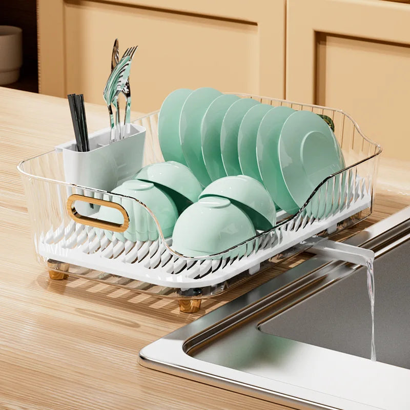 Kitchen Counter Sink Dish Drainer Plastic Dish Drying Rack with Cup and Utensil Holder Tableware Organizer Storage Rack