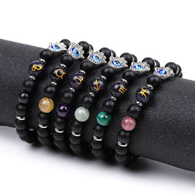Y252 Wholesale Pulseras Hombre De Cuentas Stone Crystal Bijouterie Palm Devil Blue Eye Charm 8mm 12 Zodiac Sign Beaded Bracelets