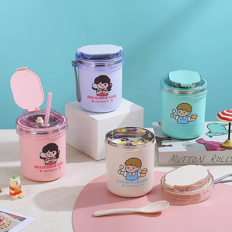 CLBX 2023 the Latest Stainless Steel 530ml Lunch Box with Spoon Straw Food Insulated Lunch Box Children's Leak-proof Lunch Box