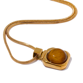 JINYOU 3170 High Quality Natural Tiger Stone Square Pendant Necklace Rust Proof Gold Color Fashion Collar Versatile Jewelry Gift