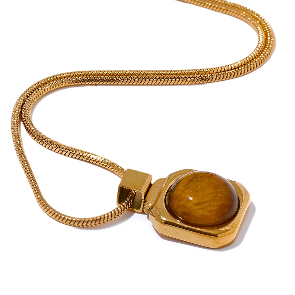 JINYOU 3170 High Quality Natural Tiger Stone Square Pendant Necklace Rust Proof Gold Color Fashion Collar Versatile Jewelry Gift
