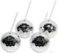 Amzn Hot Sale Set of 4 Silver  Disco Ball Cup 20 OZ Round Plastic Tumblers with Lid and Straws for Party and Promotional Use