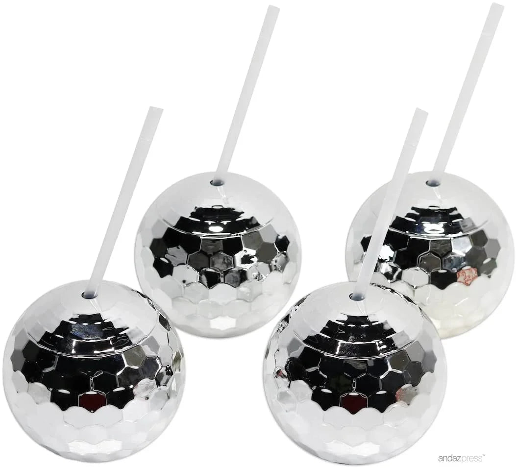Amzn Hot Sale Set of 4 Silver  Disco Ball Cup 20 OZ Round Plastic Tumblers with Lid and Straws for Party and Promotional Use