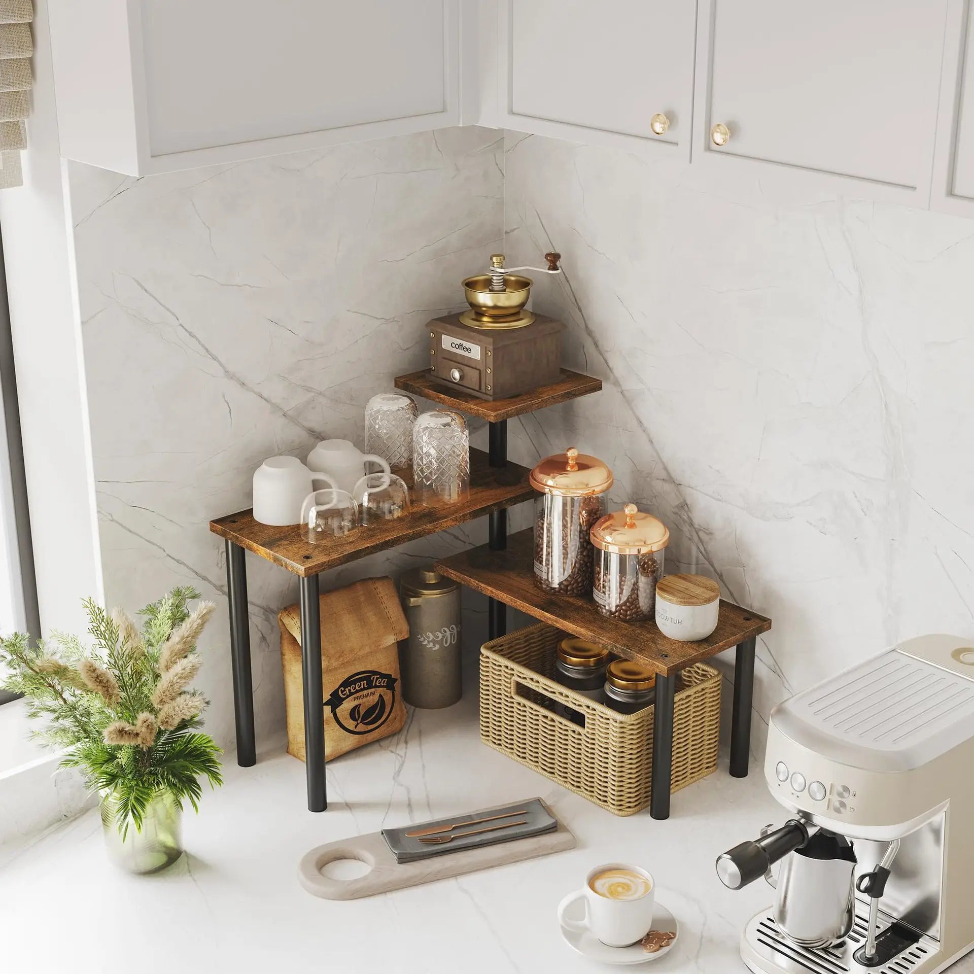3-Tiered Kitchen Spice Rack Organizer Wood Metal Corner Counter Shelf Table Bin for Bathroom Storage Tray Use Food Preparation