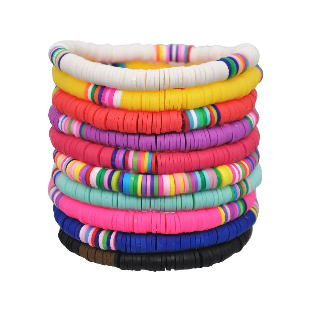 Bohemia Customizable Handmade Soft Pottery Beaded Elastic Bracelet for Women Seaside Colorful Stone Pearl Bangle with Diamond