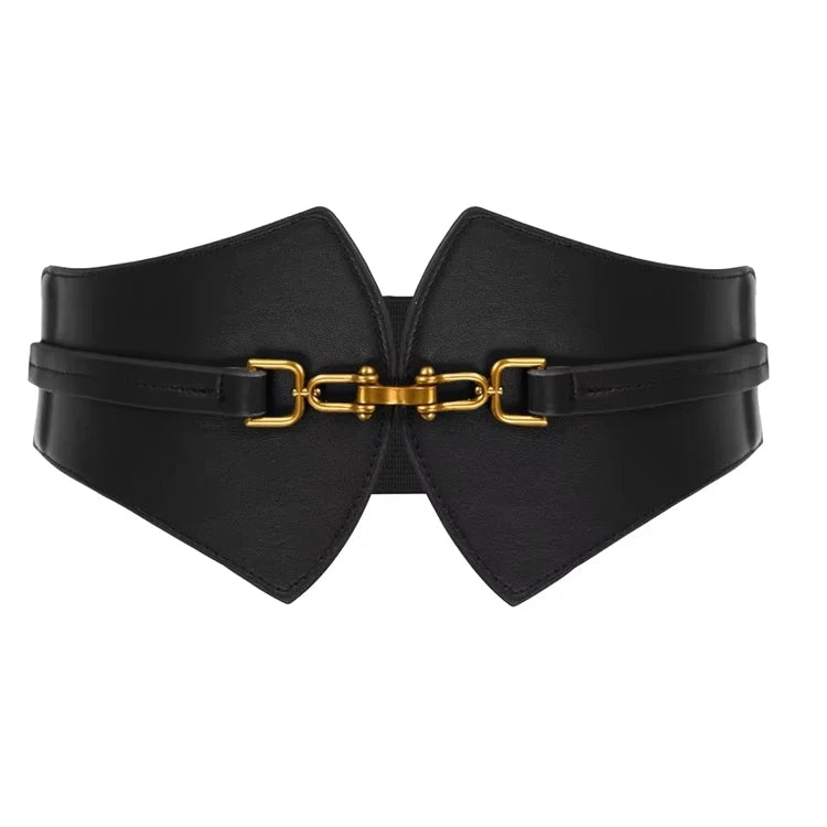 Black Fashion Vintage Elastic Designer Pu Leather Alloy Buckle 6cm Width Waist Belt for Women Dresses