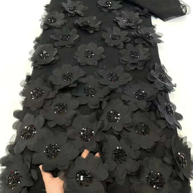 5 Yards Eco-Friendly 3D Floral Black Sequin Embroidery French Tulle Lace Fabric