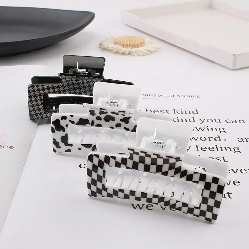 Vintage 8.5cm Black and White square Hair Claws Clip Accessories Leopard zebra Checker Plastic Resin Glossy Checkered Hair Claw