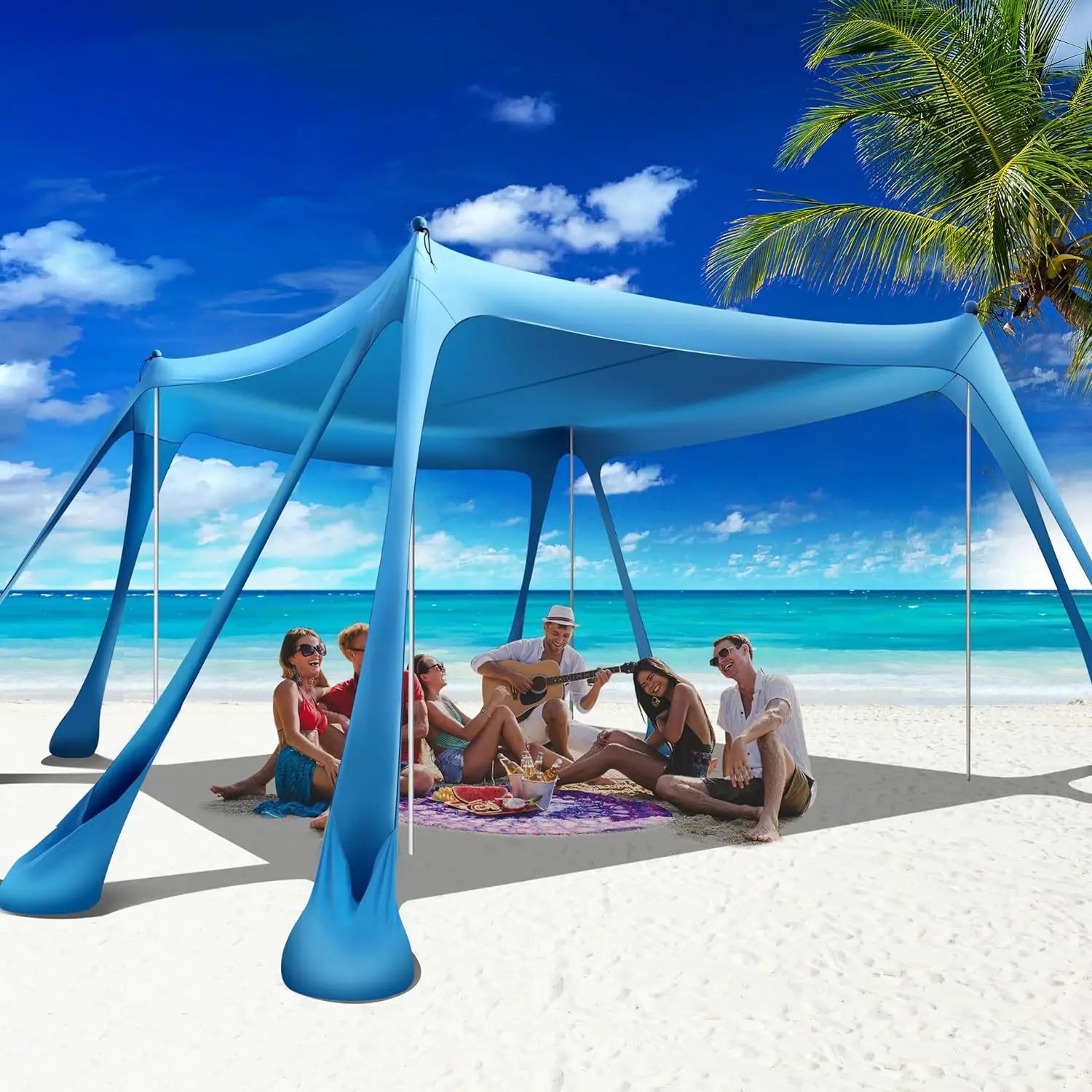 Family Beach Tent Canopy Sun Shade UPF50+ Anti-Wind Sun Shelter with 8 Sandbags Outdoor Beach Shade