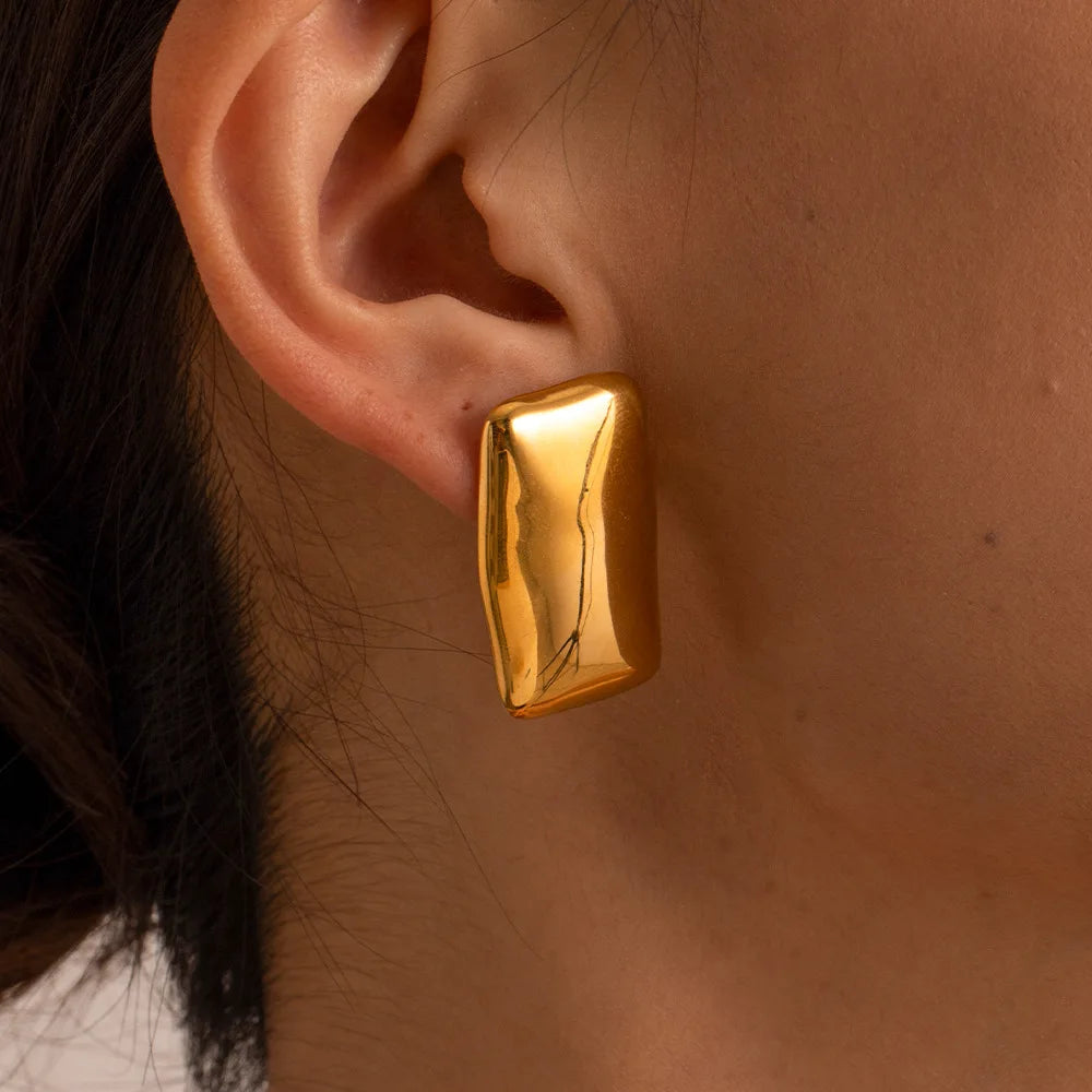 INS Style 18k Gold Plated Nickel Free Stainless Steel Bright Surface Geometry Flat Rectangular Earrings Stud
