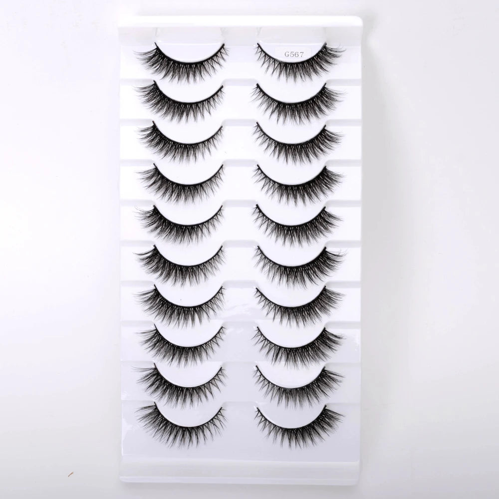 High Quality 10Pairs 8mm-12mm Synthetic Korean Fiber Natural Long 3D Eyelashes Wholesale Makeup Beauty