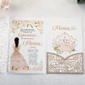 DIY Romantic Laser Cut Trifold Pink Glitter Pocket Invitations Custom Printed Luxury Handmade Birthday Invitation Cards
