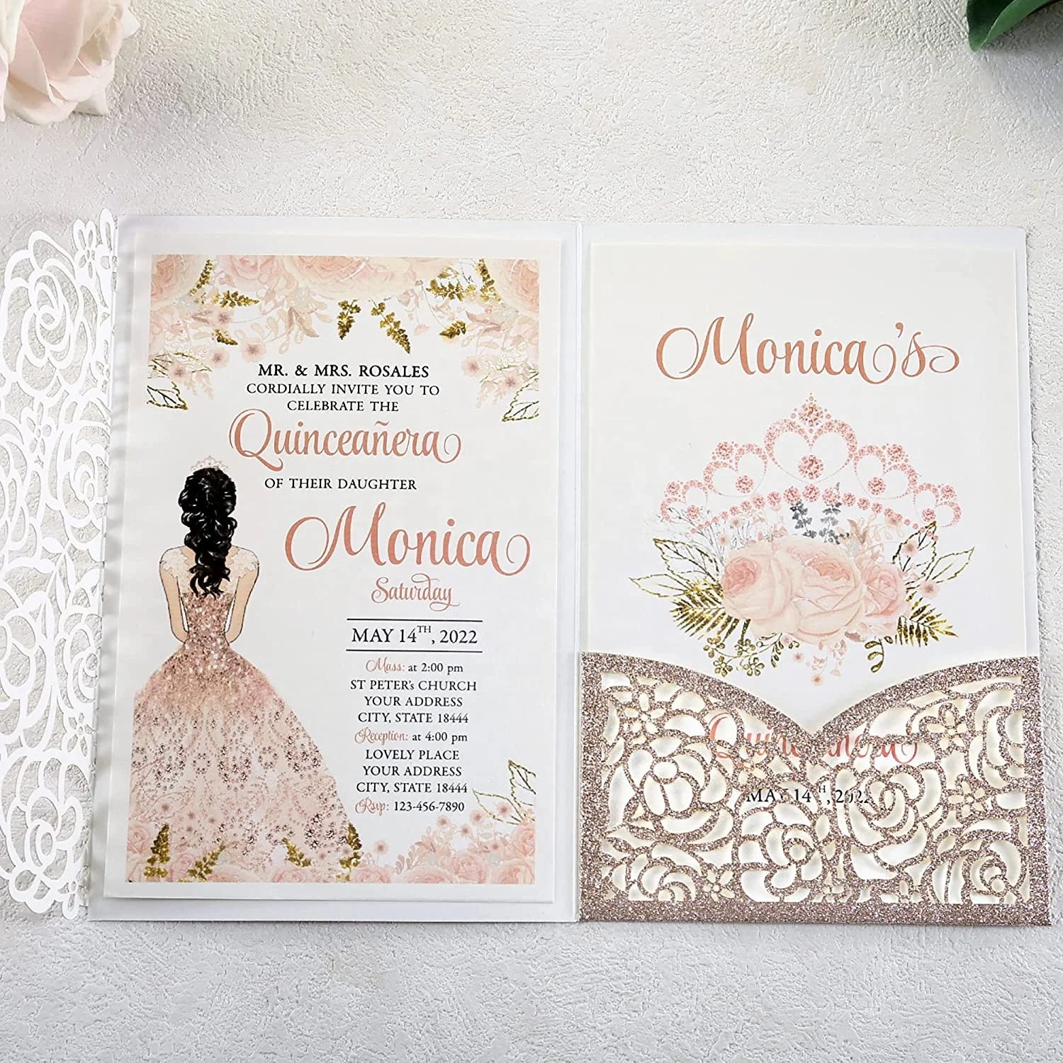 DIY Romantic Laser Cut Trifold Pink Glitter Pocket Invitations Custom Printed Luxury Handmade Birthday Invitation Cards