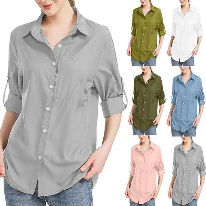 RNSHANGER Women's Zipper Pocket Shirt Commute Style Long Sleeve Pure Color Non-stretch Fabric Women's OL Work Shirts