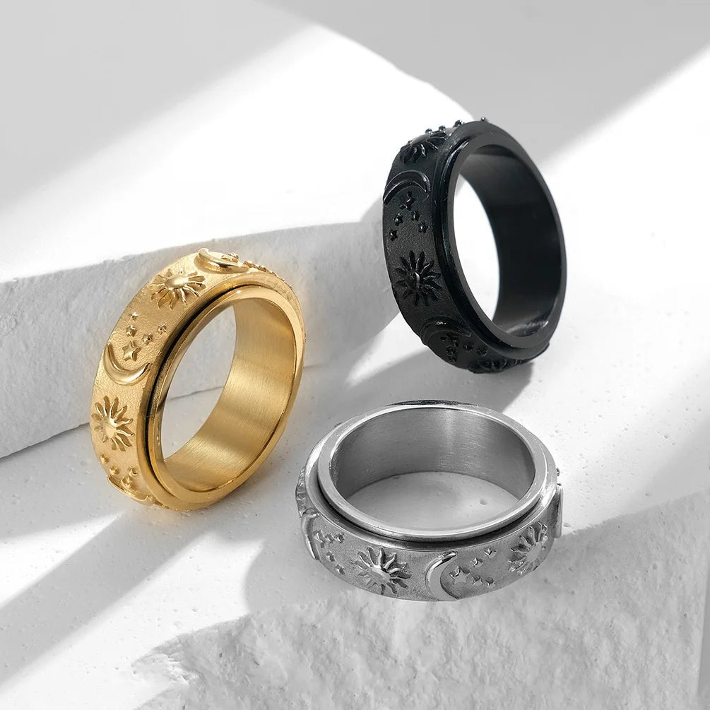 Fashion Stainless Steel Moon Star Rotating Spinner Ring Gold Plated Anti Fidget Anxiety Ring