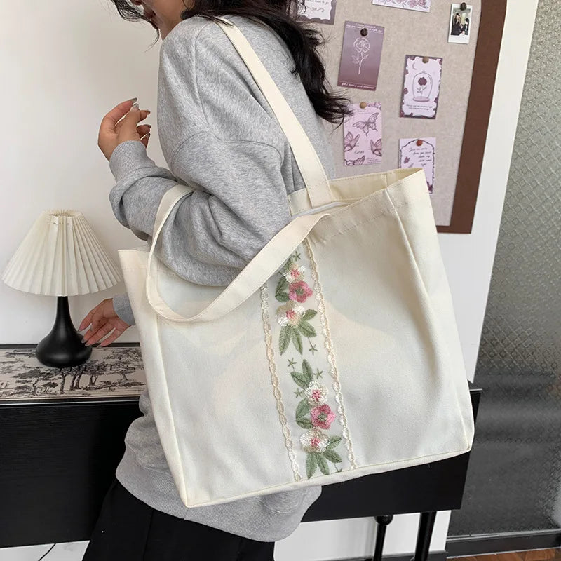 Wholesale Quality Blank Tote Bag Flower Embroidery Custom Cotton Canvas Shopping Bag