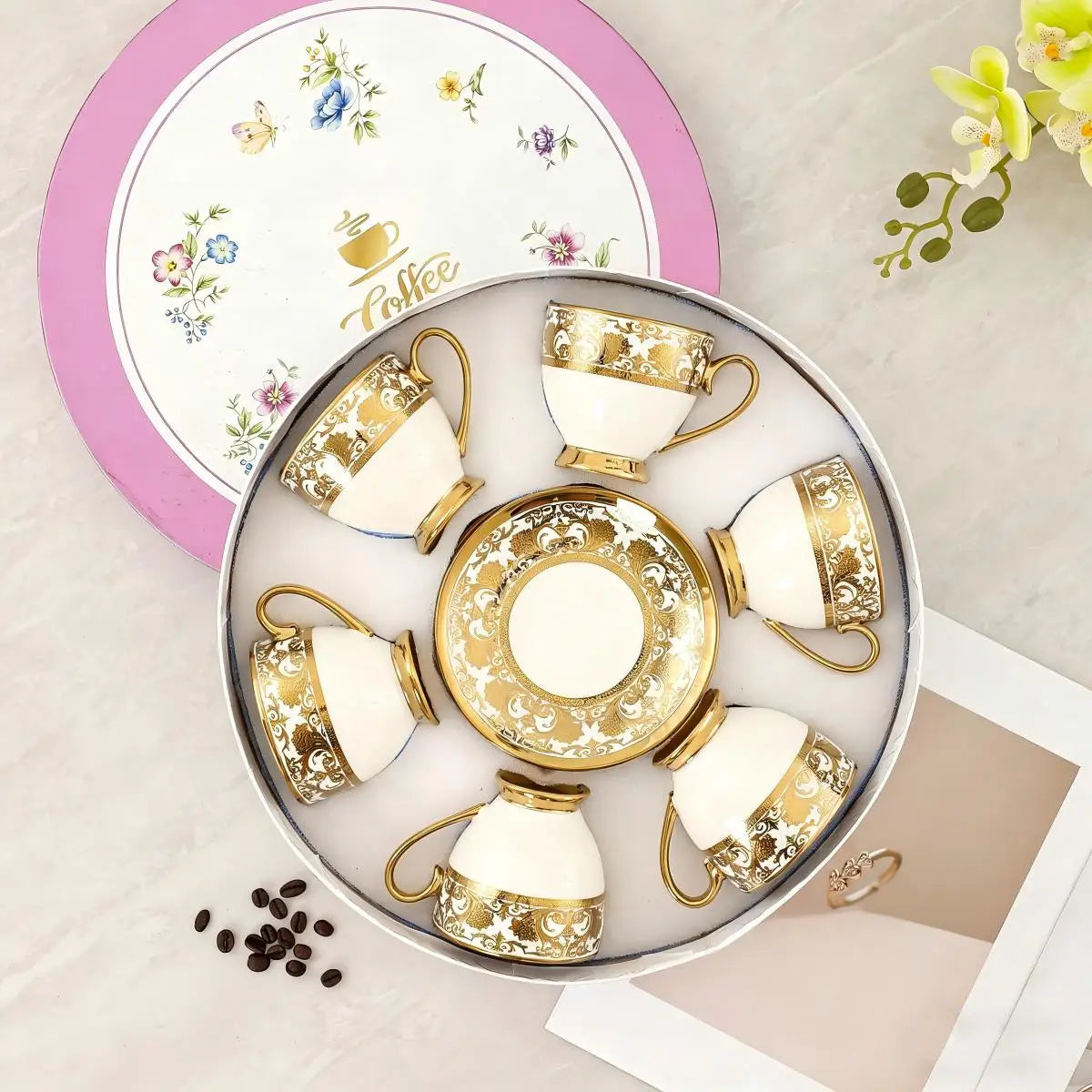 2026 New Arrived Eco-Friendly Vintage Gold Plated Ceramic Afternoon Tea Coffee Cup and Saucer Set of 12PCS QIAN HU Brand