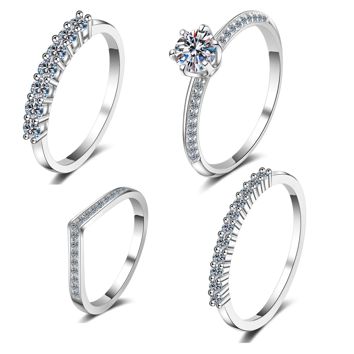 18K White Gold Plating 925 Silver Bands Claw Setting Main Shiny Round Cut VVS Moissanite Diamonds Wedding Bands Women Rings MegaBDM