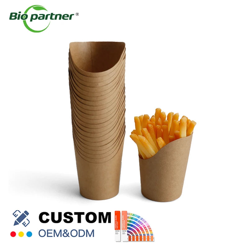 Customized Food Grade Kraft Disposable French Fry Scoop Reusable Fries Snack Potato Chips Cup Coated Paper Rigid Box