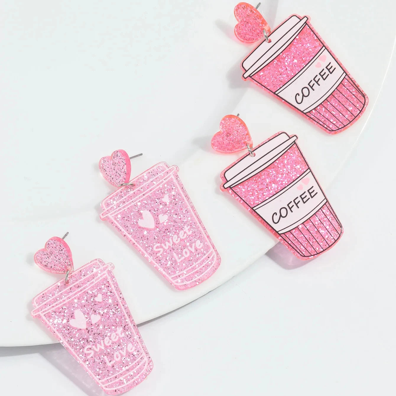 Popular Romantic Pink Glitter Jewelry Accessories Valentine's Day Sweet Love Coffee Cup Lovers Gift Acrylic Drop Earrings Women