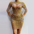 Shiny Gold See Through Rhinestone Diamond Tassels Dinner Gown Banquet Evening Dress Ladies Party Club Dress Bodycon Prom Dresses