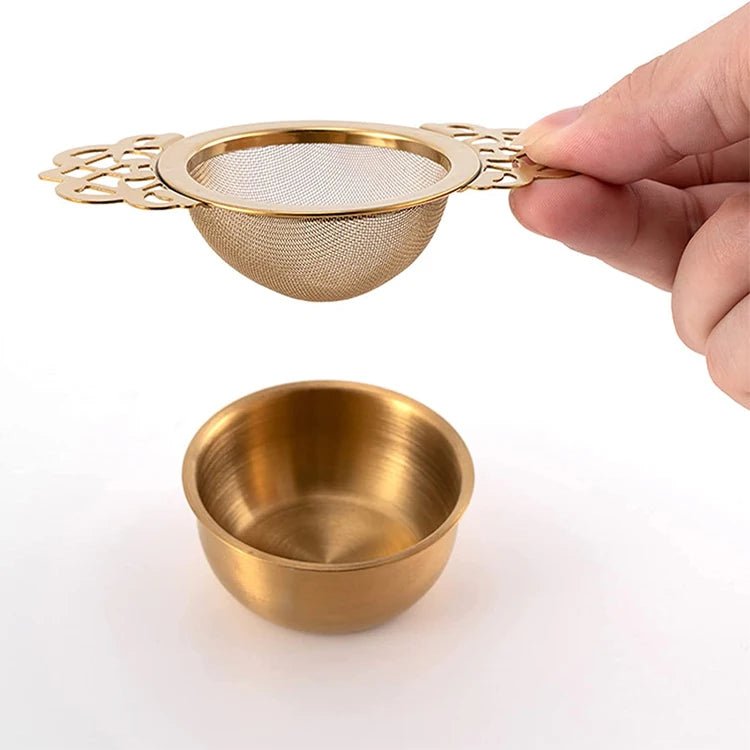 Stainless Steel Loose Leaf Mesh Tea Infuser Tea Filter With Double Winged Flower Handles Drip Bowls