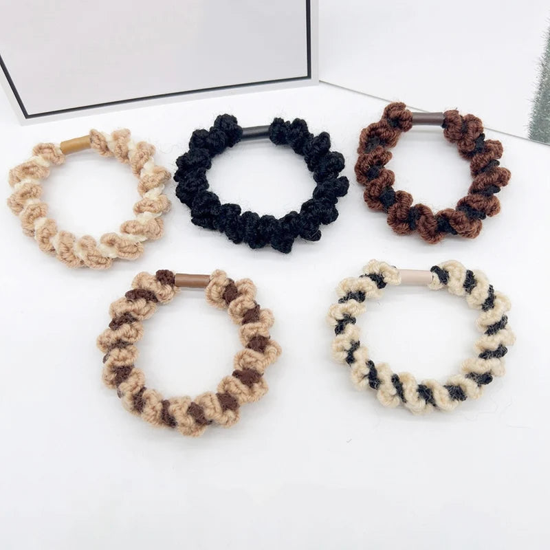 Beige Mocha Colors Frilly Lace Edge Plait Hair Scrunchies Two Colors Match Crochet Elastic Hair Ties Hair Bands Ponytail Holder