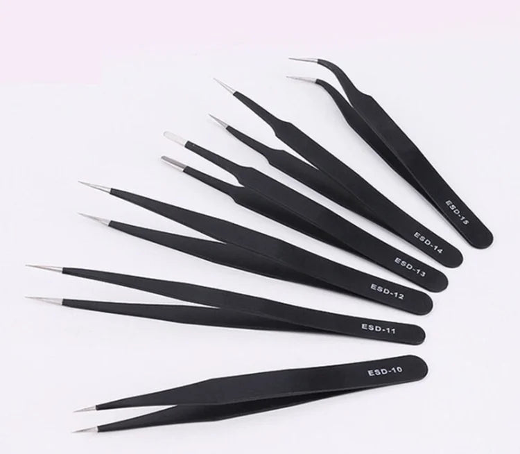 Stainless Steel ESD-15 Black Precision Tweezers Kit Ergonomic Straight Elbow with Curved Tip Anti-Static Plastic Tweezers