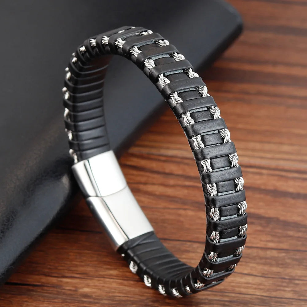 New Design Stainless Steel Chain Braided Real Genuine Leather Bracelet Men Bangle Jewelry L19131
