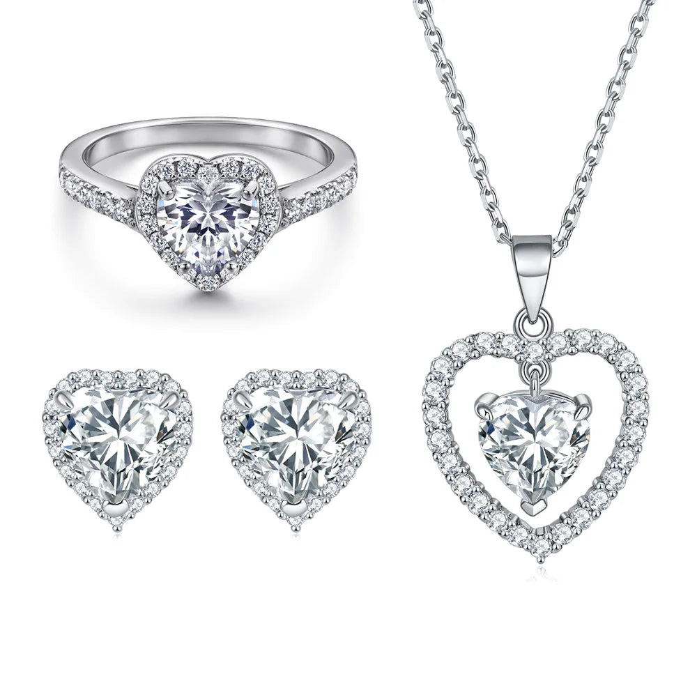 Heart Rings Jewelry Set 925 Sterling Silver Women Heart Shaped Non Tarnish Zirconia Jewelry Sets