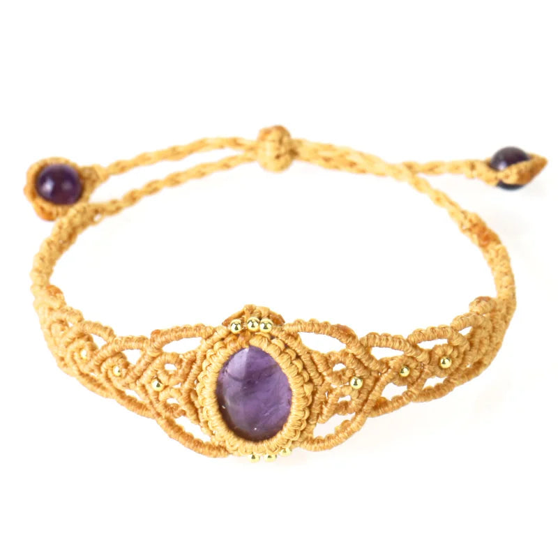 CSJA Handmade Braided Rope Boho Adjustable Natural Cabochon Bead Stone Crystal Friendship Bracelets for Women G993