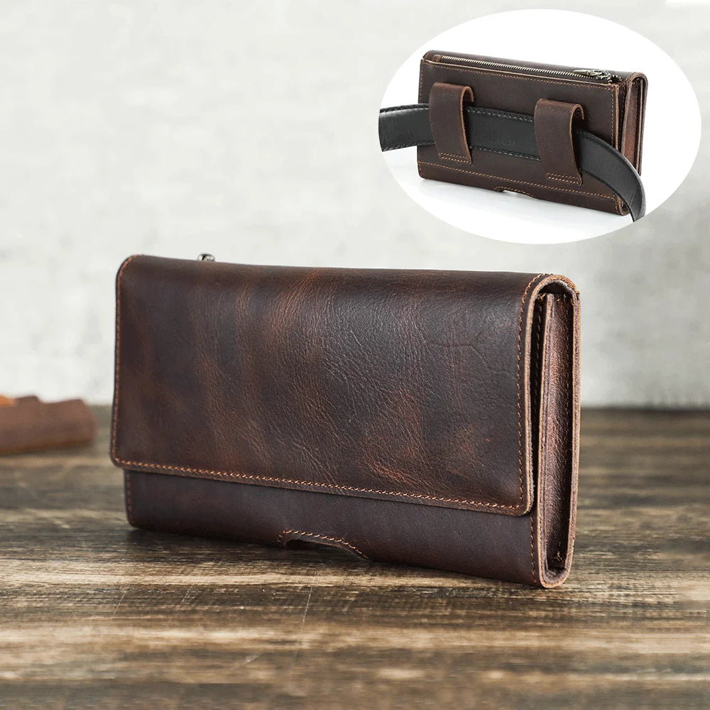 Wholesale Custom Minimalist Crazy Horse Leather Belt Phone Pouch Vintage Magnetic Horizontal Waist Phone Holster Bag Case MegaBDM