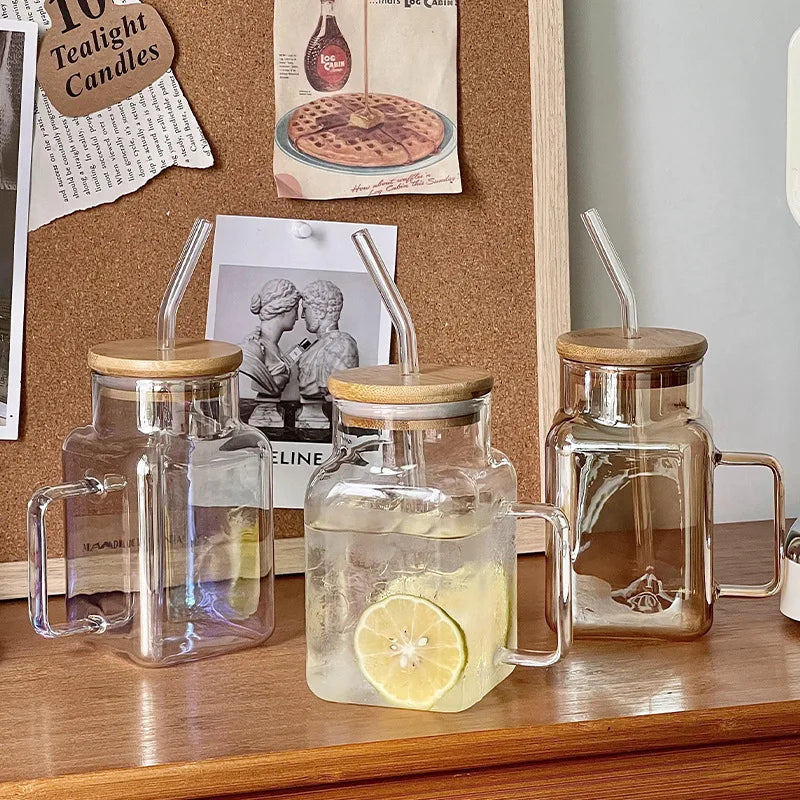 High Profile Horizontal Borosilicate Glass Coffee Mug Recyclable Ins Wind Handle Square Bamboo Wood Lid Dishwasher Microwave