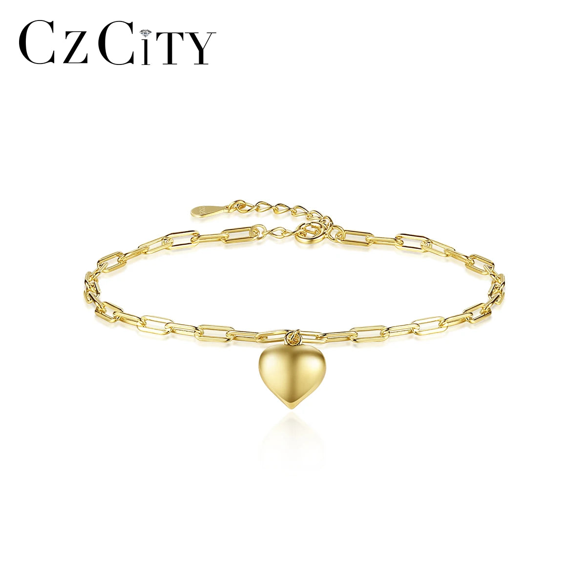 CZCITY Charm Chain Link Sterling Silver Jewelry Designer 925 Korean Fashion Accessory Love Heart Gold Bracelet