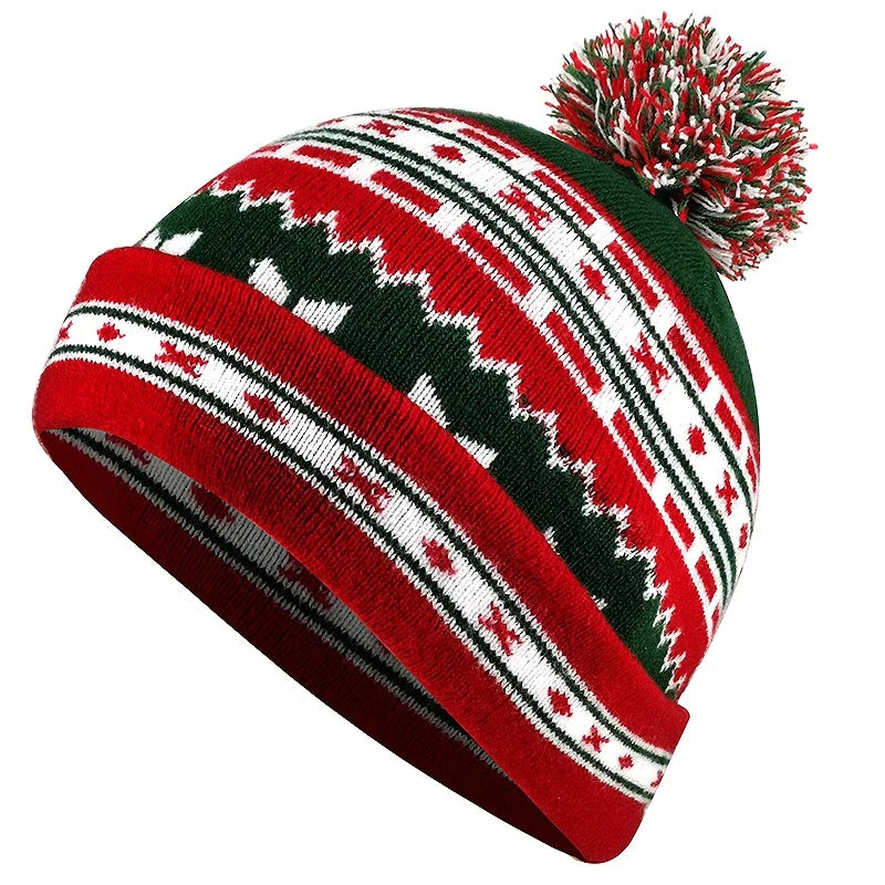 Jacquard Adult Winter Custom Knit Christmas Beanie with Pom Pom Santa Claus Slouchy Character Beach Hat