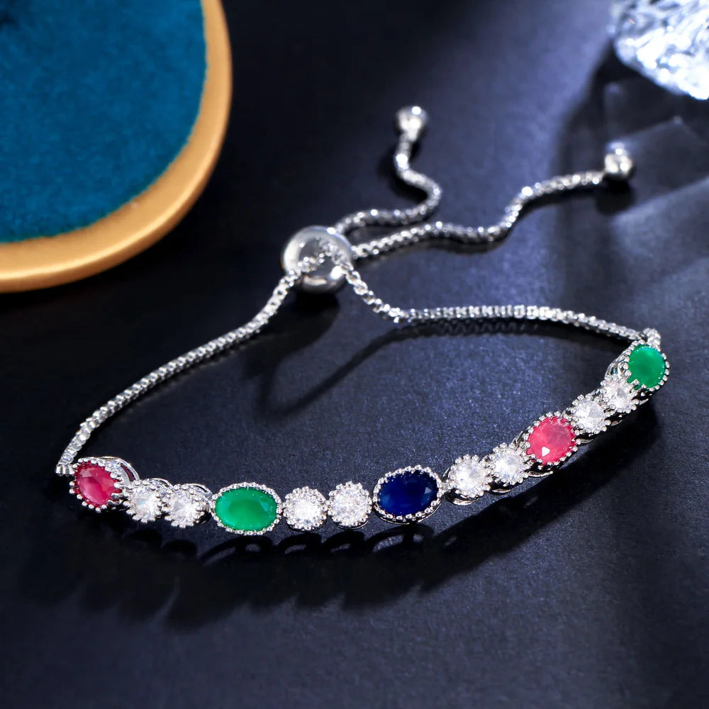 Adjustable Slider Chain Link Beautiful Silver Plated Multi Color Green Red Cubic Zircon Engagement Bracelets for Women Gift